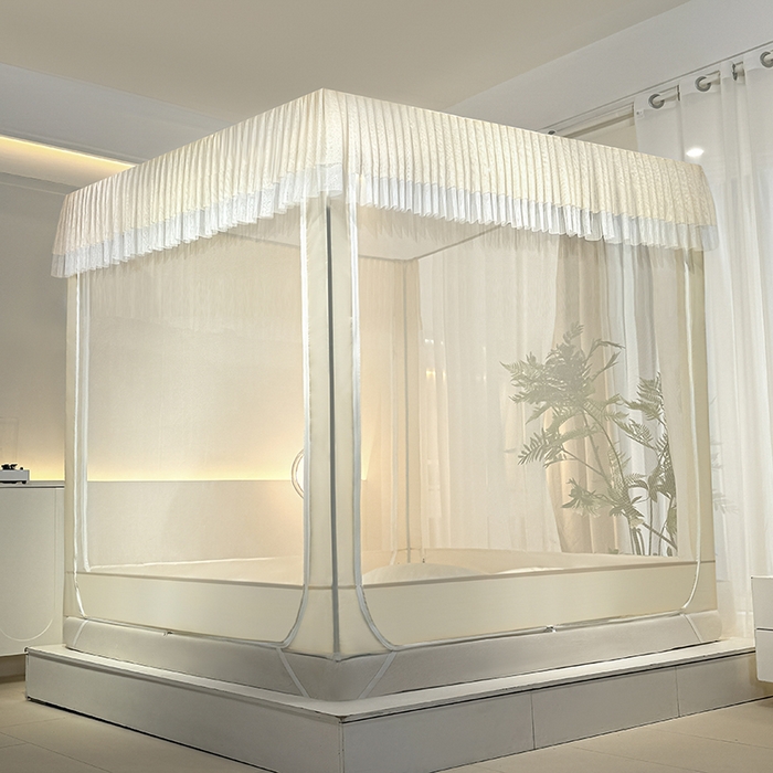 91家纺网 家纺一手货源 找家纺 青竹苑 2024新款内穿蕾丝花边坐床蚊帐 初夏-米色