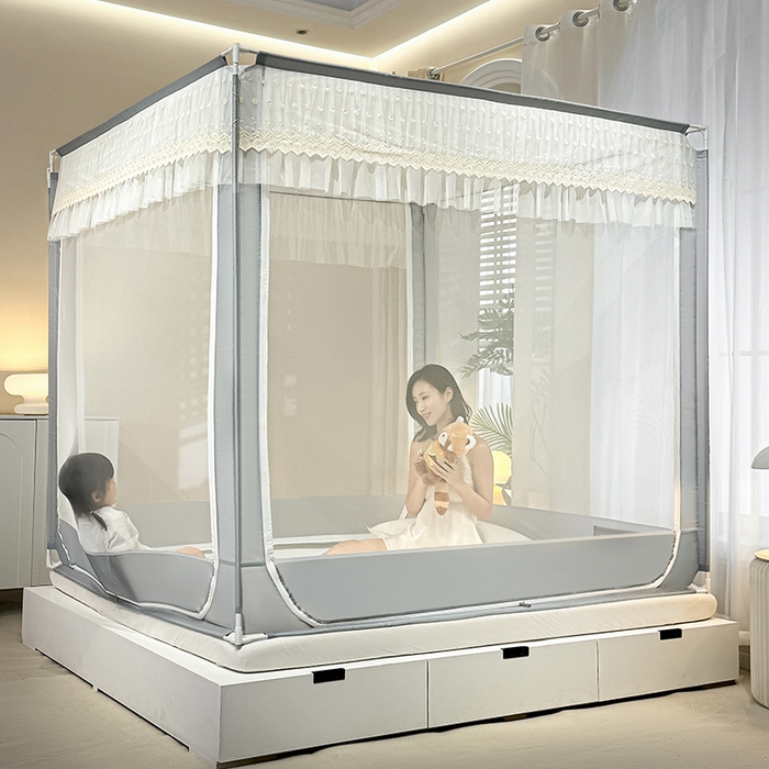 91家纺网 家纺一手货源 找家纺 青竹苑 2024新款铃兰花开外穿蕾丝花边坐床蚊帐 铃兰花开-简灰