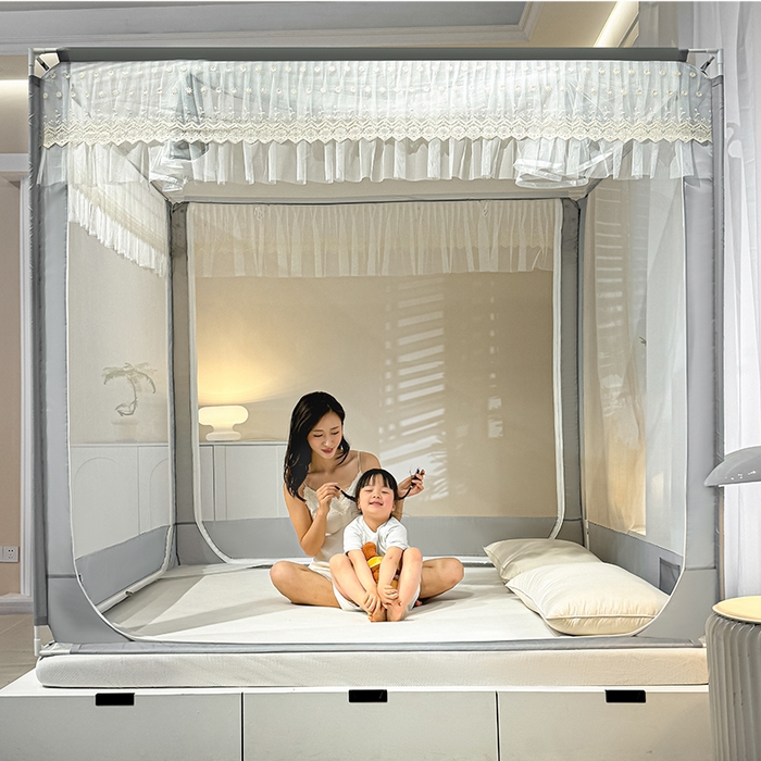 91家纺网 家纺一手货源 找家纺 青竹苑 2024新款铃兰花开外穿蕾丝花边坐床蚊帐 铃兰花开-简灰