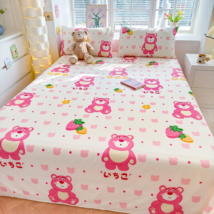 91家纺网 家纺一手货源 找家纺 清雅福 2024新款全棉13372小清新单床单 开心草莓熊