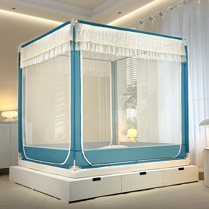 91家纺网 家纺一手货源 找家纺 青竹苑 2024新款铃兰花开外穿蕾丝花边坐床蚊帐 铃兰花开-孔雀绿