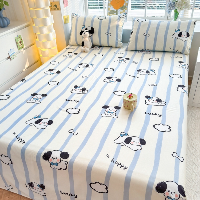 91家纺网 家纺一手货源 找家纺 清雅福 2024新款全棉13372小清新单床单 条纹狗狗