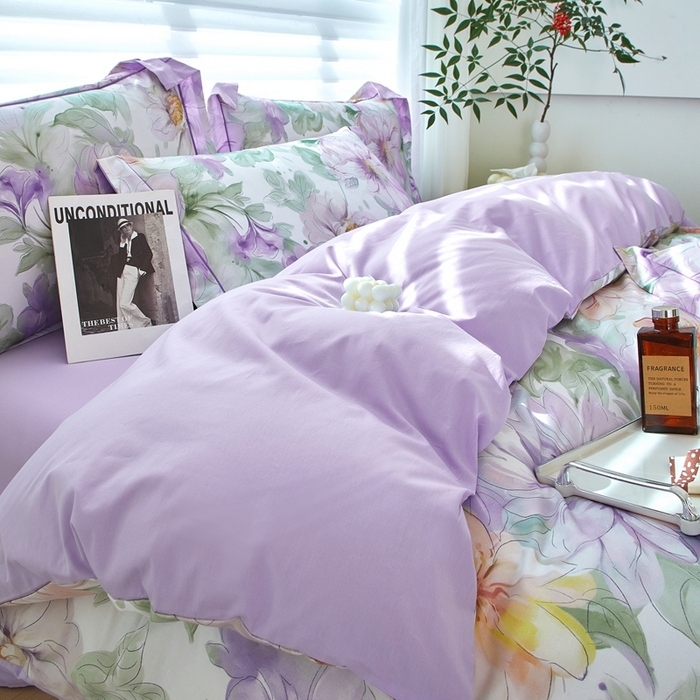 91家纺网 家纺一手货源 找家纺 启航家居 2025春夏全棉铂金棉数码印花四件套 花的旅途紫