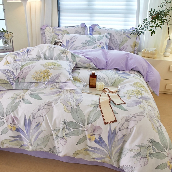 91家纺网 家纺一手货源 找家纺 启航家居 2025春夏全棉铂金棉数码印花四件套 花意飘香紫