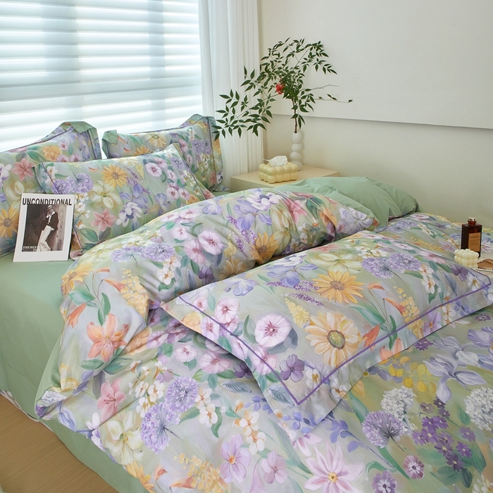 91家纺网 家纺一手货源 找家纺 启航家居 2025春夏全棉铂金棉数码印花四件套 洛香忆梦绿