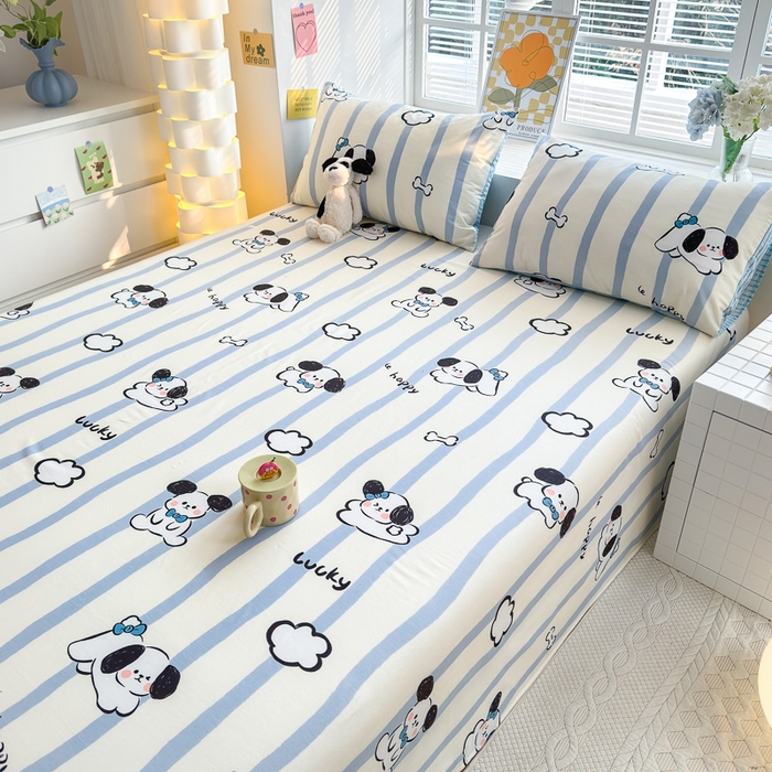 91家纺网 家纺一手货源 找家纺 清雅福 2024新款全棉13372小清新单床单 条纹狗狗