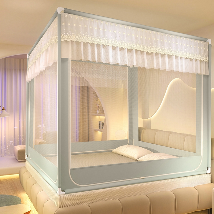 91家纺网 家纺一手货源 找家纺 青竹苑 2024新款铃兰花开外穿蕾丝花边坐床蚊帐 铃兰花开-简灰