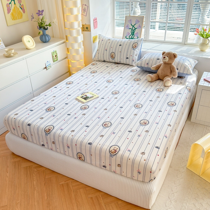 91家纺网 家纺一手货源 找家纺 清雅福 2024新款全棉13372小清新单床笠 熊骑士