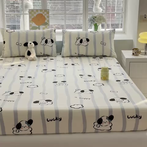 91家纺网 家纺一手货源 找家纺 清雅福 2024新款全棉13372小清新单床笠 条纹狗狗