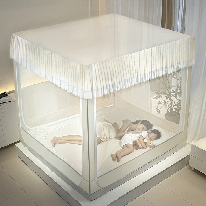 91家纺网 家纺一手货源 找家纺 青竹苑 2024新款内穿蕾丝花边坐床蚊帐 初夏-米色