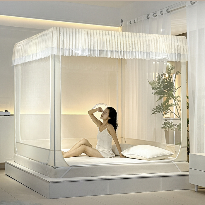 91家纺网 家纺一手货源 找家纺 青竹苑 2024新款内穿蕾丝花边坐床蚊帐 初夏-米色