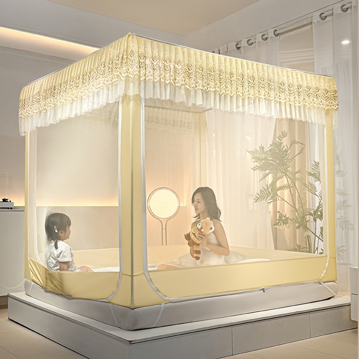 91家纺网 家纺一手货源 找家纺 青竹苑 2024新款内穿蕾丝花边坐床蚊帐 爱丽丝-嫩黄