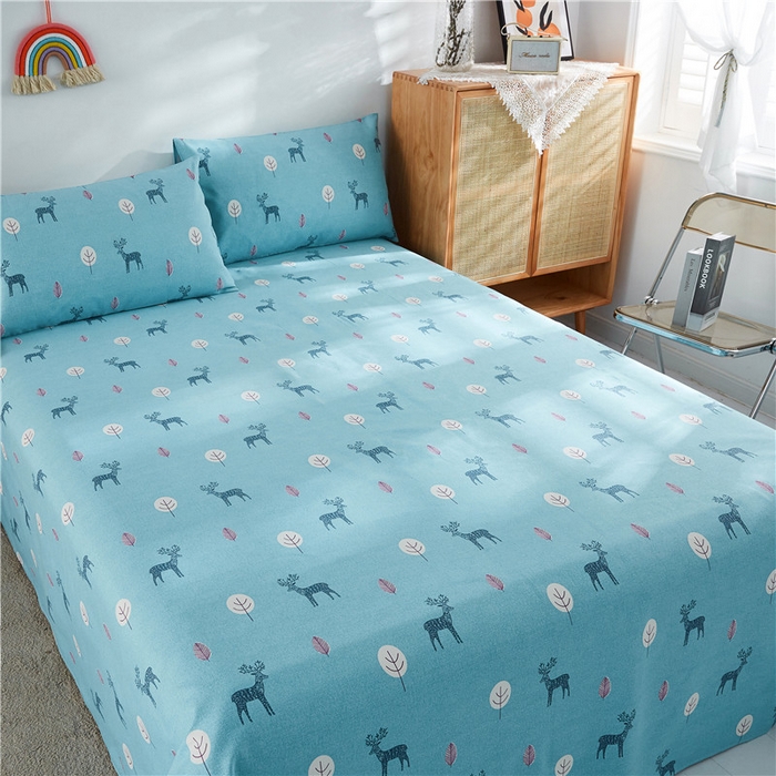 91家纺网 家纺一手货源 找家纺 棉乐町家居 2025新款爆款印花老粗布床单系列 麋鹿-蓝