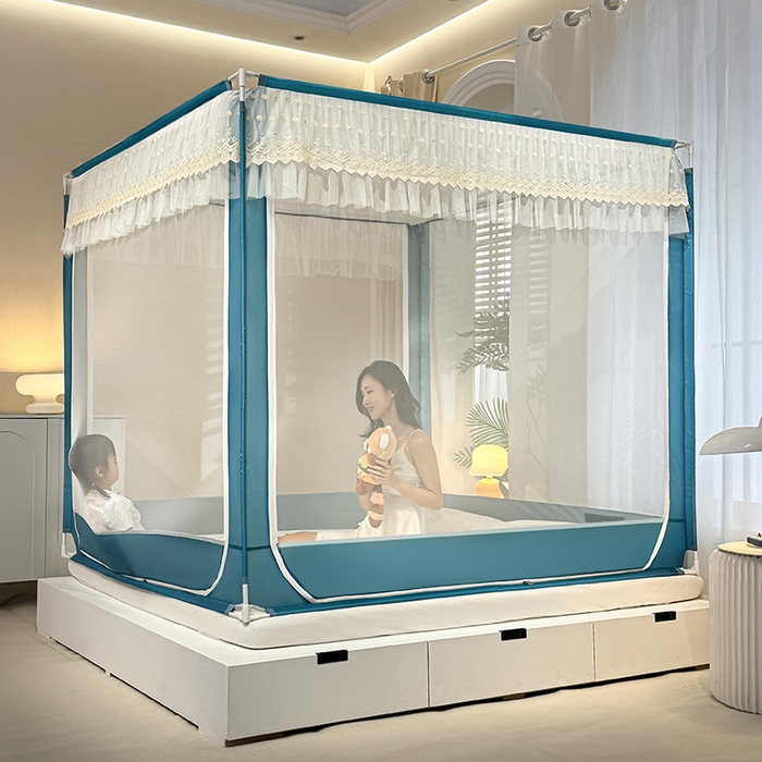 91家纺网 家纺一手货源 找家纺 青竹苑 2024新款铃兰花开外穿蕾丝花边坐床蚊帐 铃兰花开-孔雀绿