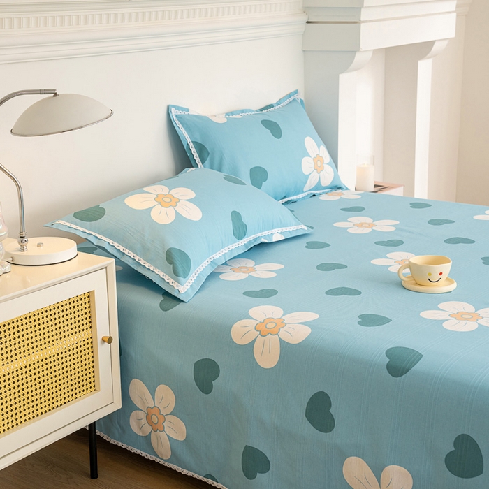 91家纺网 家纺一手货源 找家纺 棉乐町家居 2025新款花边老粗布印花床单系列 花心-蓝