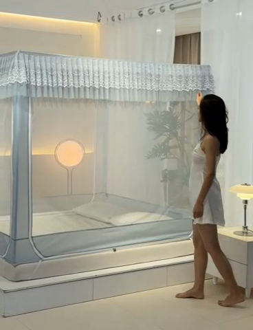 91家纺网 家纺一手货源 找家纺 青竹苑 2024新款内穿蕾丝花边坐床蚊帐 爱丽丝-蓝灰