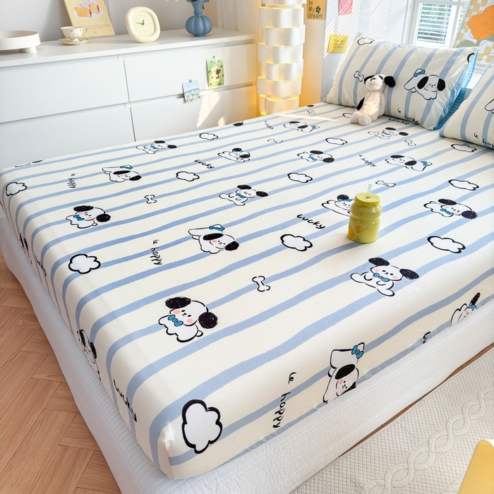 91家纺网 家纺一手货源 找家纺 清雅福 2024新款全棉13372小清新单床笠 条纹狗狗