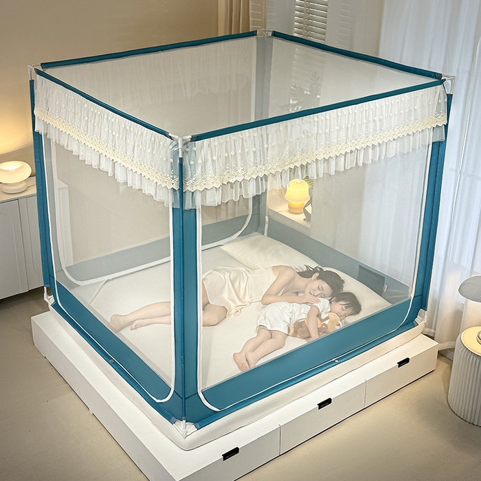 91家纺网 家纺一手货源 找家纺 青竹苑 2024新款铃兰花开外穿蕾丝花边坐床蚊帐 铃兰花开-孔雀绿