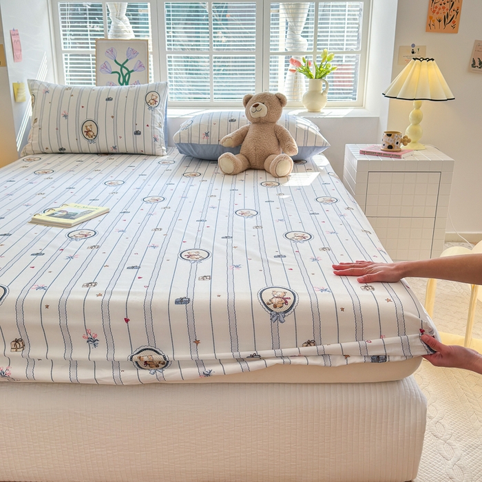 91家纺网 家纺一手货源 找家纺 清雅福 2024新款全棉13372小清新单床笠 熊骑士