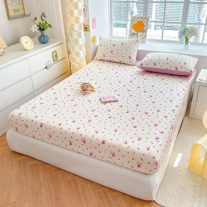 91家纺网 家纺一手货源 找家纺 清雅福 2024新款全棉13372小清新单床笠 爱心樱桃