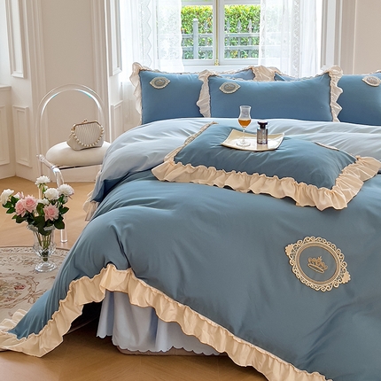 91家纺网 家纺一手货源 找家纺 （总）yyds网供 2024法式皇冠花边被套四件套非全棉纯棉夹棉床裙款公主风[有买家秀]