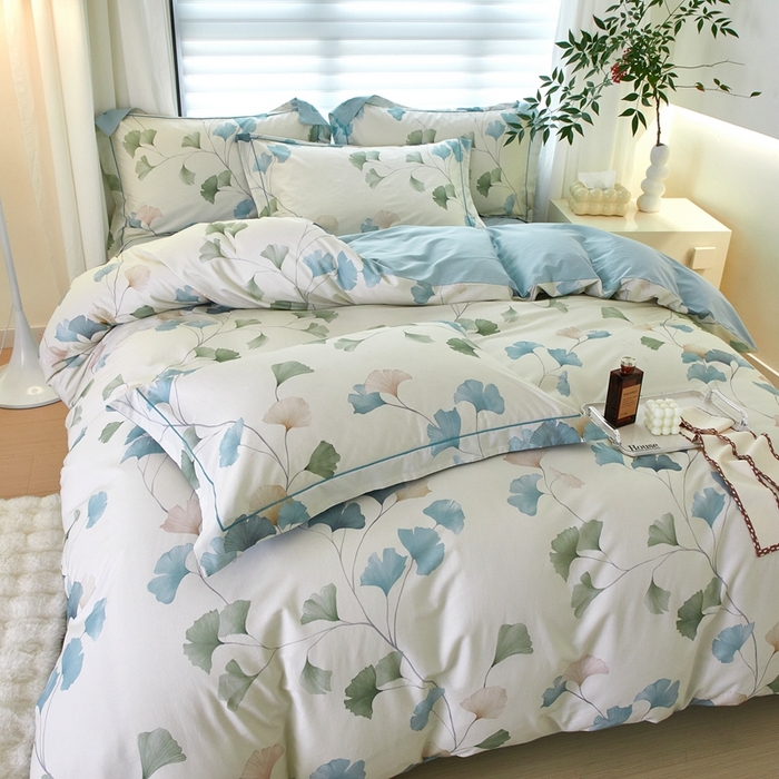 91家纺网 家纺一手货源 找家纺 启航家居 2025春夏全棉铂金棉数码印花四件套 浅碧舞绿