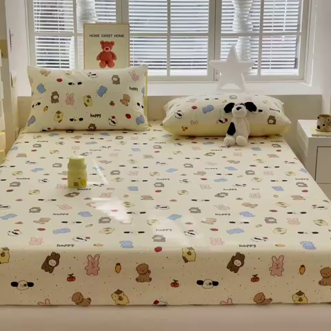 91家纺网 家纺一手货源 找家纺 清雅福 2024新款全棉13372小清新单床笠 松岛可可