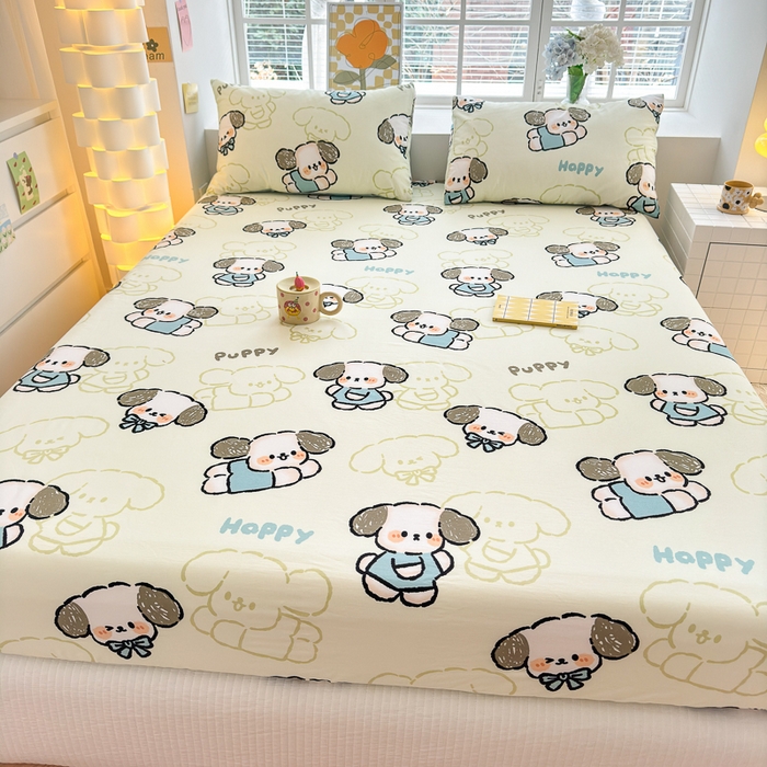 91家纺网 家纺一手货源 找家纺 清雅福 2024新款全棉13372小清新单床笠 班尼狗