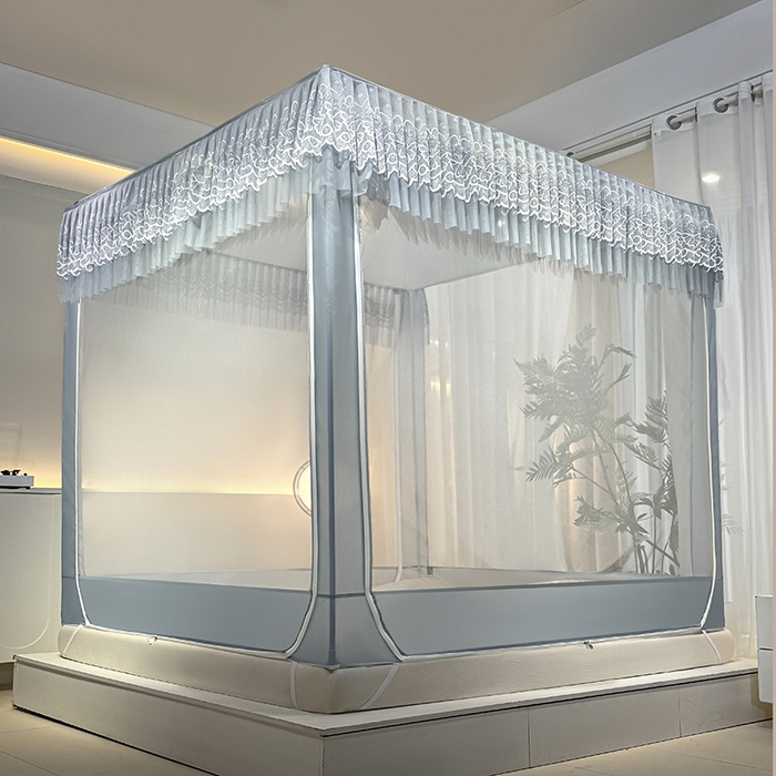 91家纺网 家纺一手货源 找家纺 青竹苑 2024新款内穿蕾丝花边坐床蚊帐 爱丽丝-蓝灰