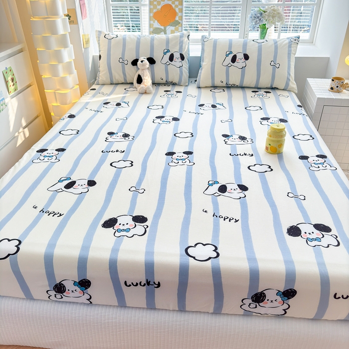 91家纺网 家纺一手货源 找家纺 清雅福 2024新款全棉13372小清新单床笠 条纹狗狗