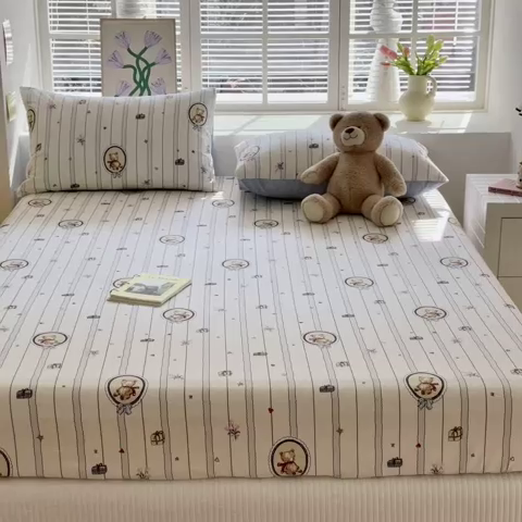 91家纺网 家纺一手货源 找家纺 清雅福 2024新款全棉13372小清新单床笠 熊骑士