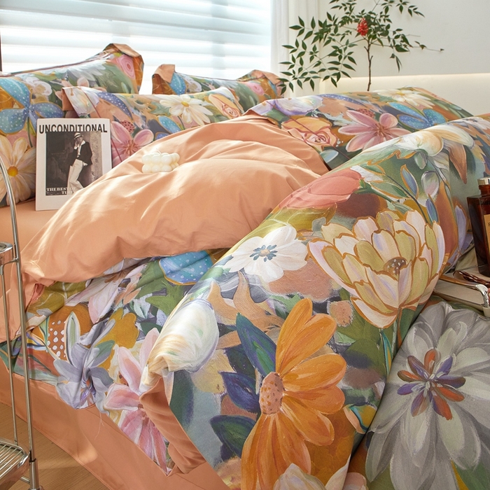 91家纺网 家纺一手货源 找家纺 启航家居 2025春夏全棉铂金棉数码印花四件套 花的嫁纱桔