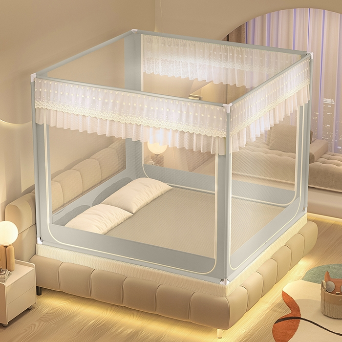 91家纺网 家纺一手货源 找家纺 青竹苑 2024新款铃兰花开外穿蕾丝花边坐床蚊帐 铃兰花开-简灰