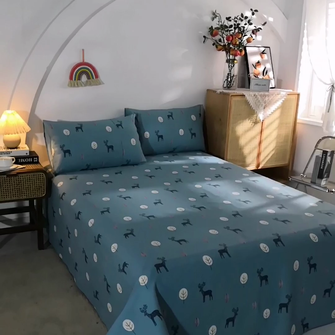 91家纺网 家纺一手货源 找家纺 棉乐町家居 2025新款爆款印花老粗布床单系列 麋鹿-蓝