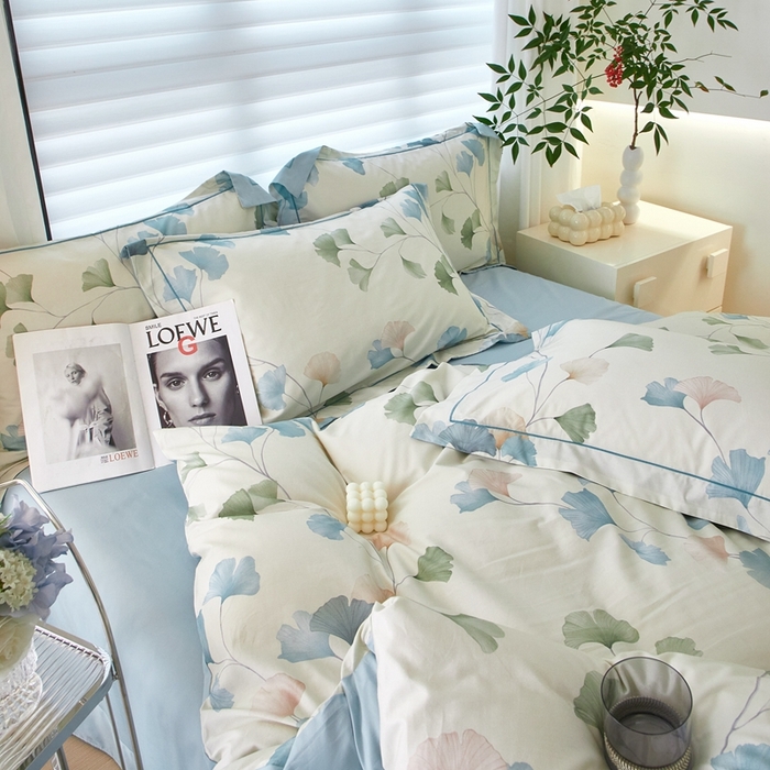 91家纺网 家纺一手货源 找家纺 启航家居 2025春夏全棉铂金棉数码印花四件套 浅碧舞绿