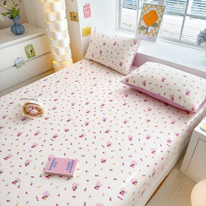 91家纺网 家纺一手货源 找家纺 清雅福 2024新款全棉13372小清新单床笠 爱心樱桃