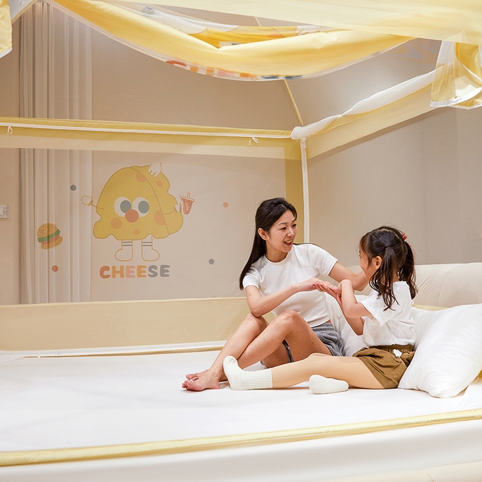 91家纺网 家纺一手货源 找家纺 青竹苑 2024新款围栏款印花坐床蚊帐蒙古包防摔睡帐 围栏-奶酪芝士