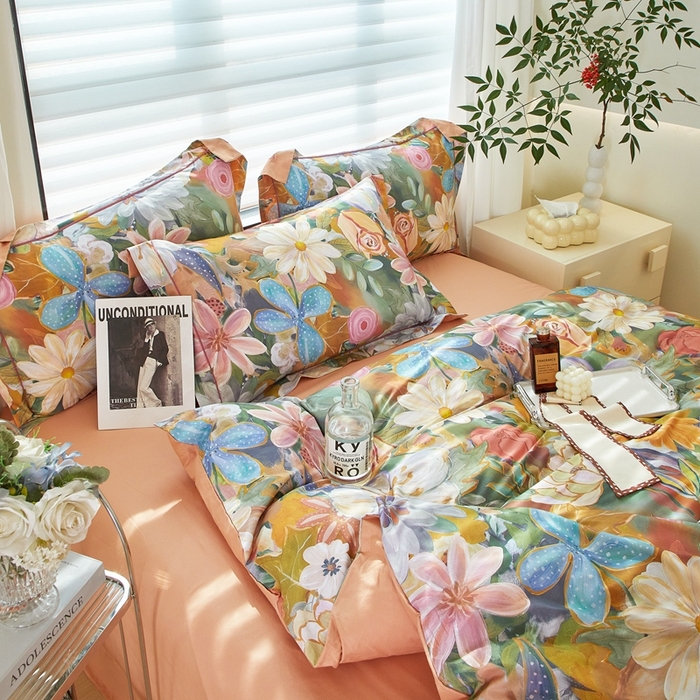 91家纺网 家纺一手货源 找家纺 启航家居 2025春夏全棉铂金棉数码印花四件套 花的嫁纱桔