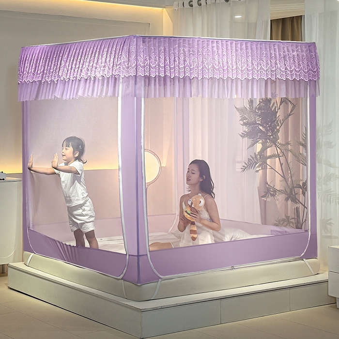 91家纺网 家纺一手货源 找家纺 青竹苑 2024新款内穿蕾丝花边坐床蚊帐 爱丽丝-暗夜紫