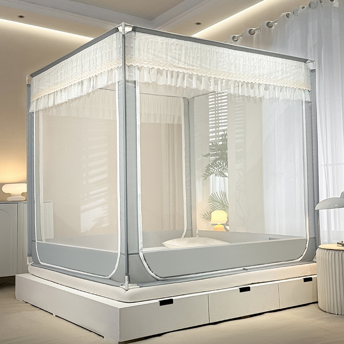 91家纺网 家纺一手货源 找家纺 青竹苑 2024新款铃兰花开外穿蕾丝花边坐床蚊帐 铃兰花开-简灰