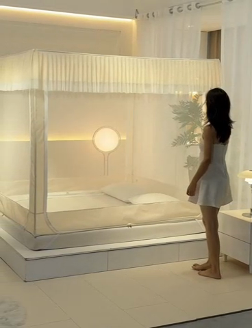 91家纺网 家纺一手货源 找家纺 青竹苑 2024新款内穿蕾丝花边坐床蚊帐 初夏-米色