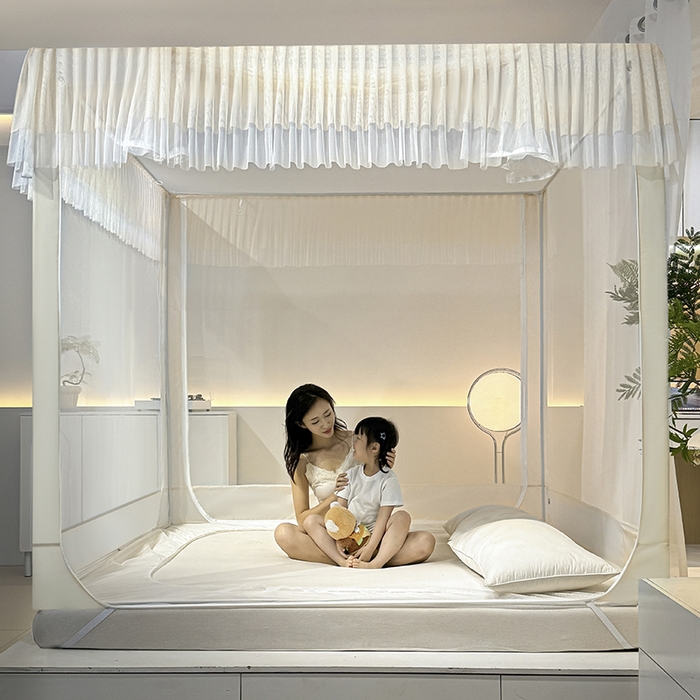 91家纺网 家纺一手货源 找家纺 青竹苑 2024新款内穿蕾丝花边坐床蚊帐 初夏-米色