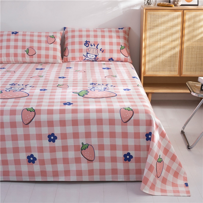91家纺网 家纺一手货源 找家纺 棉乐町家居 2025新款爆款印花老粗布床单系列 格子草莓-粉