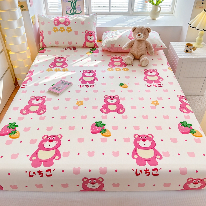 91家纺网 家纺一手货源 找家纺 清雅福 2024新款全棉13372小清新单床笠 开心草莓熊