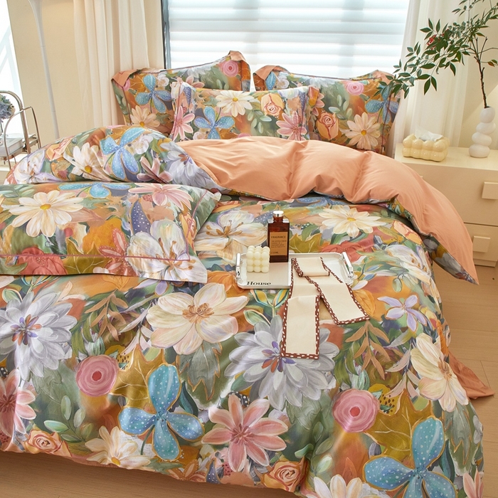 91家纺网 家纺一手货源 找家纺 启航家居 2025春夏全棉铂金棉数码印花四件套 花的嫁纱桔