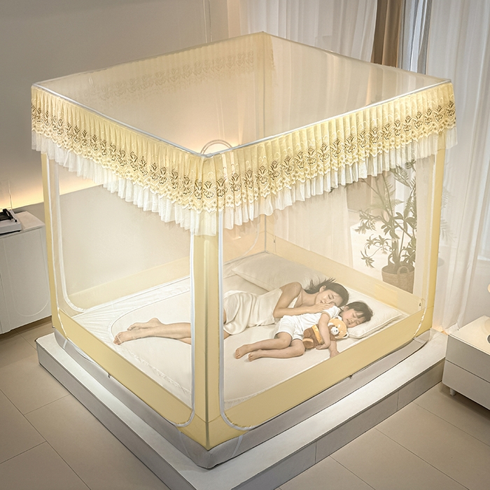 91家纺网 家纺一手货源 找家纺 青竹苑 2024新款内穿蕾丝花边坐床蚊帐 爱丽丝-嫩黄