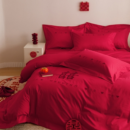 （总）优季家纺 2024新款现代简约床上用品结婚四件套刺绣大红色婚庆床单被套