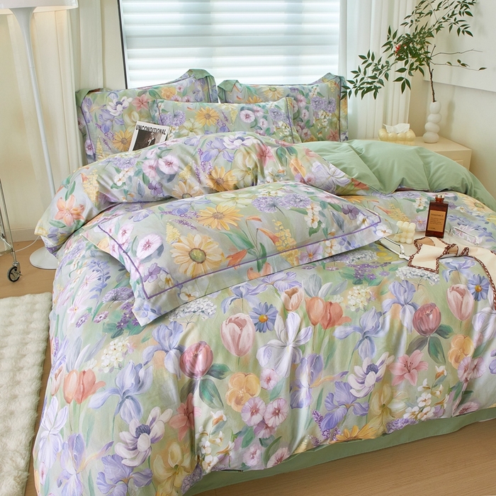 91家纺网 家纺一手货源 找家纺 启航家居 2025春夏全棉铂金棉数码印花四件套 洛香忆梦绿