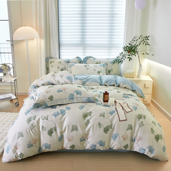 91家纺网 家纺一手货源 找家纺 启航家居 2025春夏全棉铂金棉数码印花四件套 浅碧舞绿