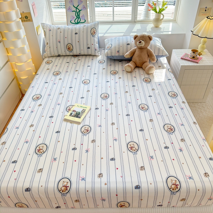 91家纺网 家纺一手货源 找家纺 清雅福 2024新款全棉13372小清新单床笠 熊骑士